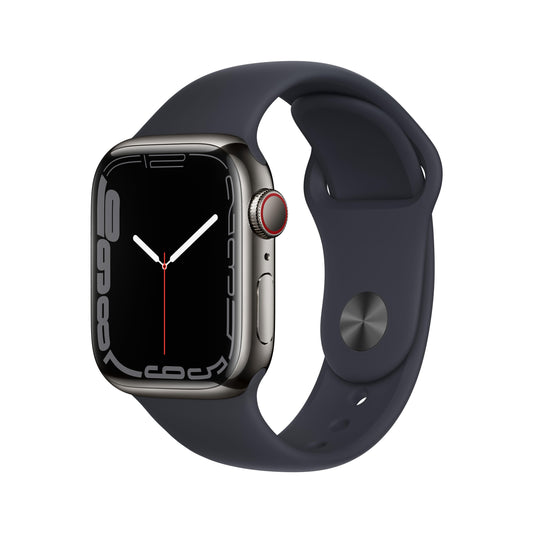 Apple Watch Series 7 (GPS + Cellular) - Caja de acero inoxidable en grafito de 41 mm - Correa deportiva en color medianoche - Talla única