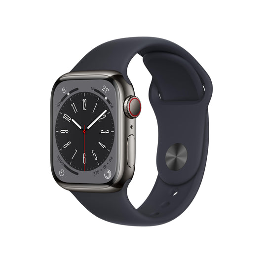 Apple Watch Series 8 (GPS + Cellular) - Caja de acero inoxidable en grafito de 41 mm - Correa deportiva en color medianoche - Talla única