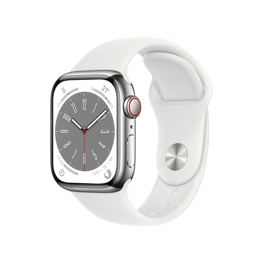 Apple Watch Series 8 (GPS + Cellular) - Caja de acero inoxidable en plata de 41 mm - Correa deportiva blanca - Talla única
