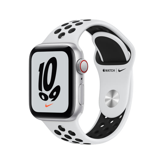 Apple Watch Nike SE (GPS + Cellular) - Caja de aluminio en plata de 40 mm - Correa Nike Platinum Sport puro/negro - Talla única