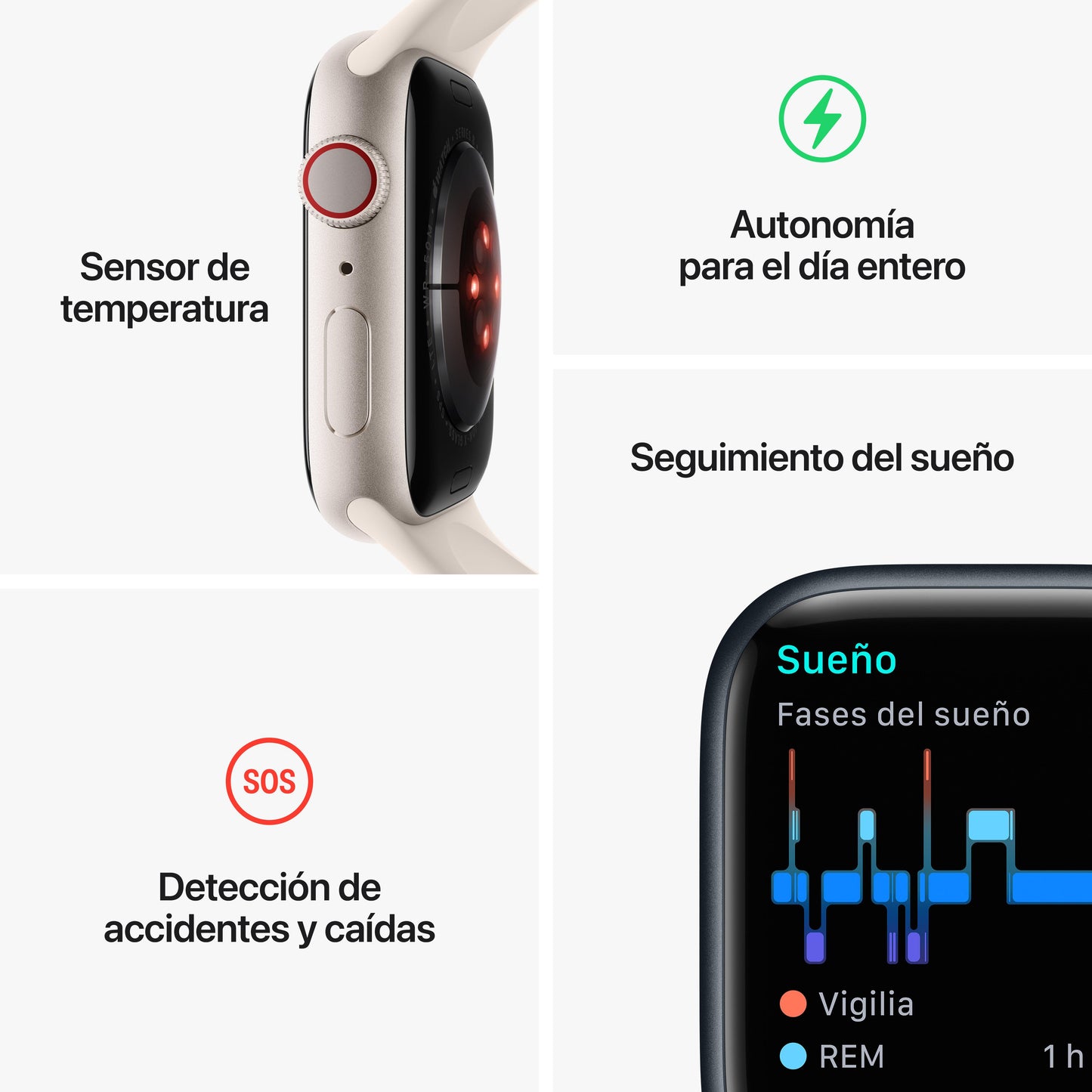 Apple Watch Series 8 (GPS + Cellular) - Caja de acero inoxidable en plata de 41 mm - Correa deportiva blanca - Talla única