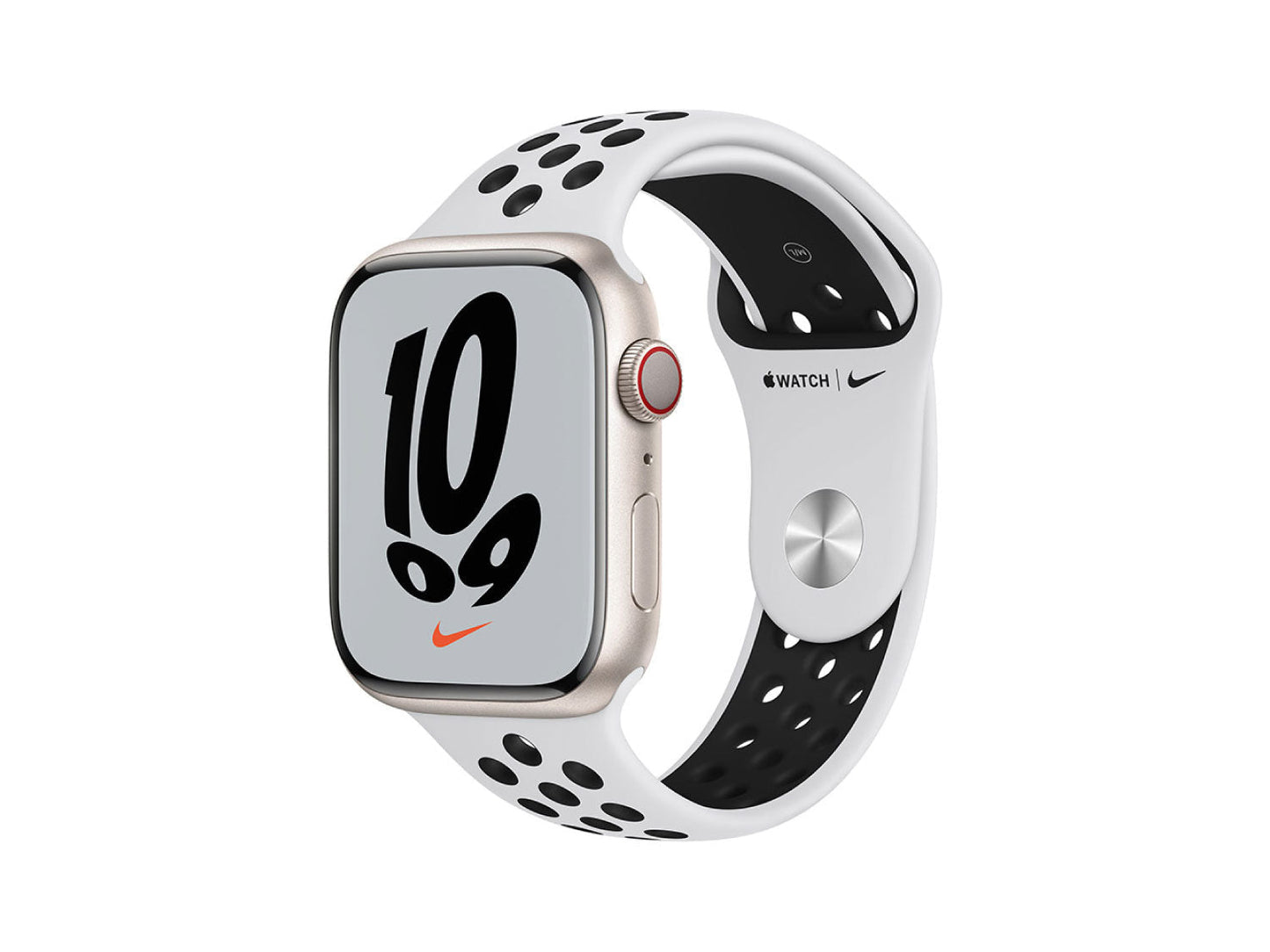 Apple Watch Nike Series 7 con caja de aluminio y correa deportiva Nike en platino puro/negra - Estándar