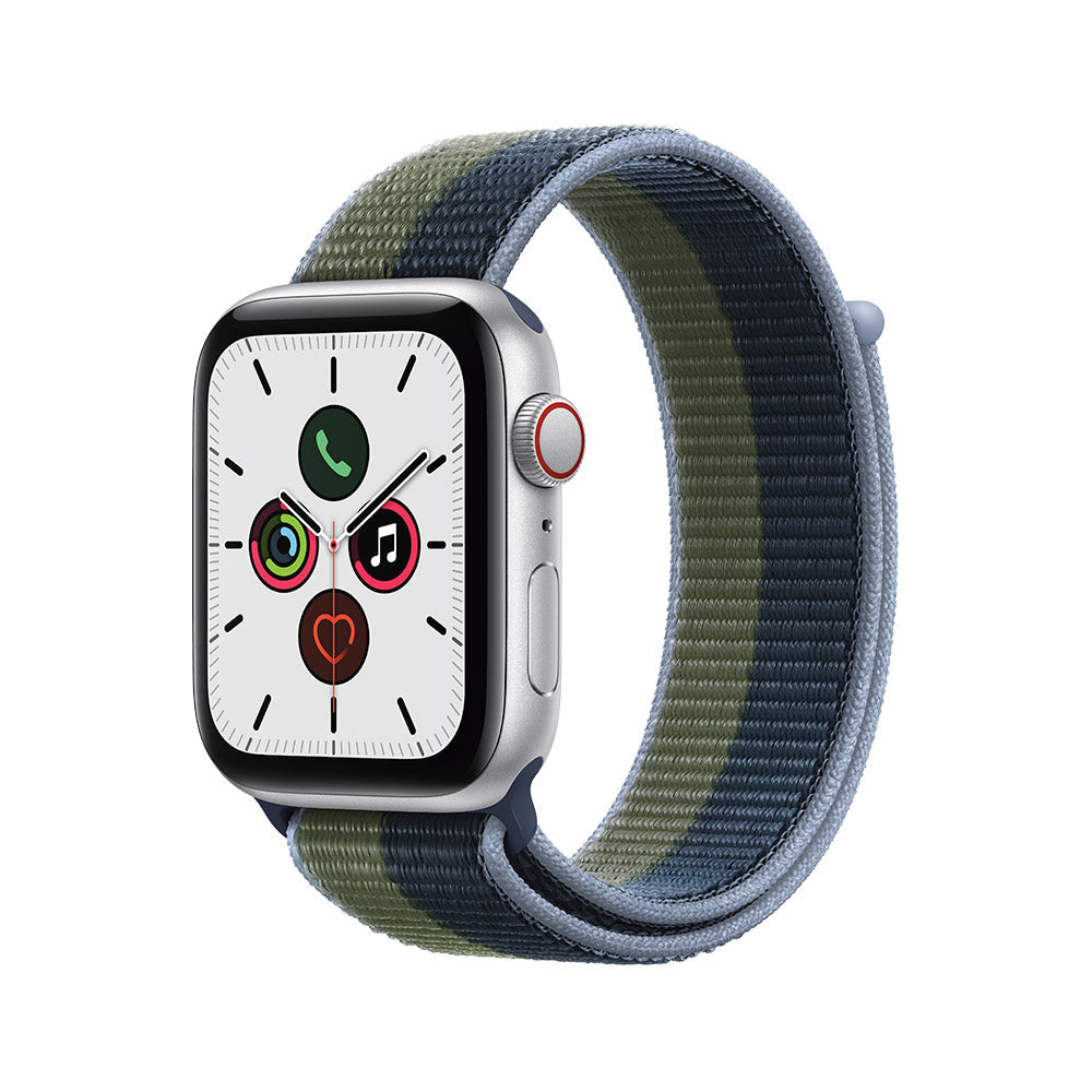 Apple Watch SE con caja de aluminio y correa deportiva azul abismo/verde musgo
